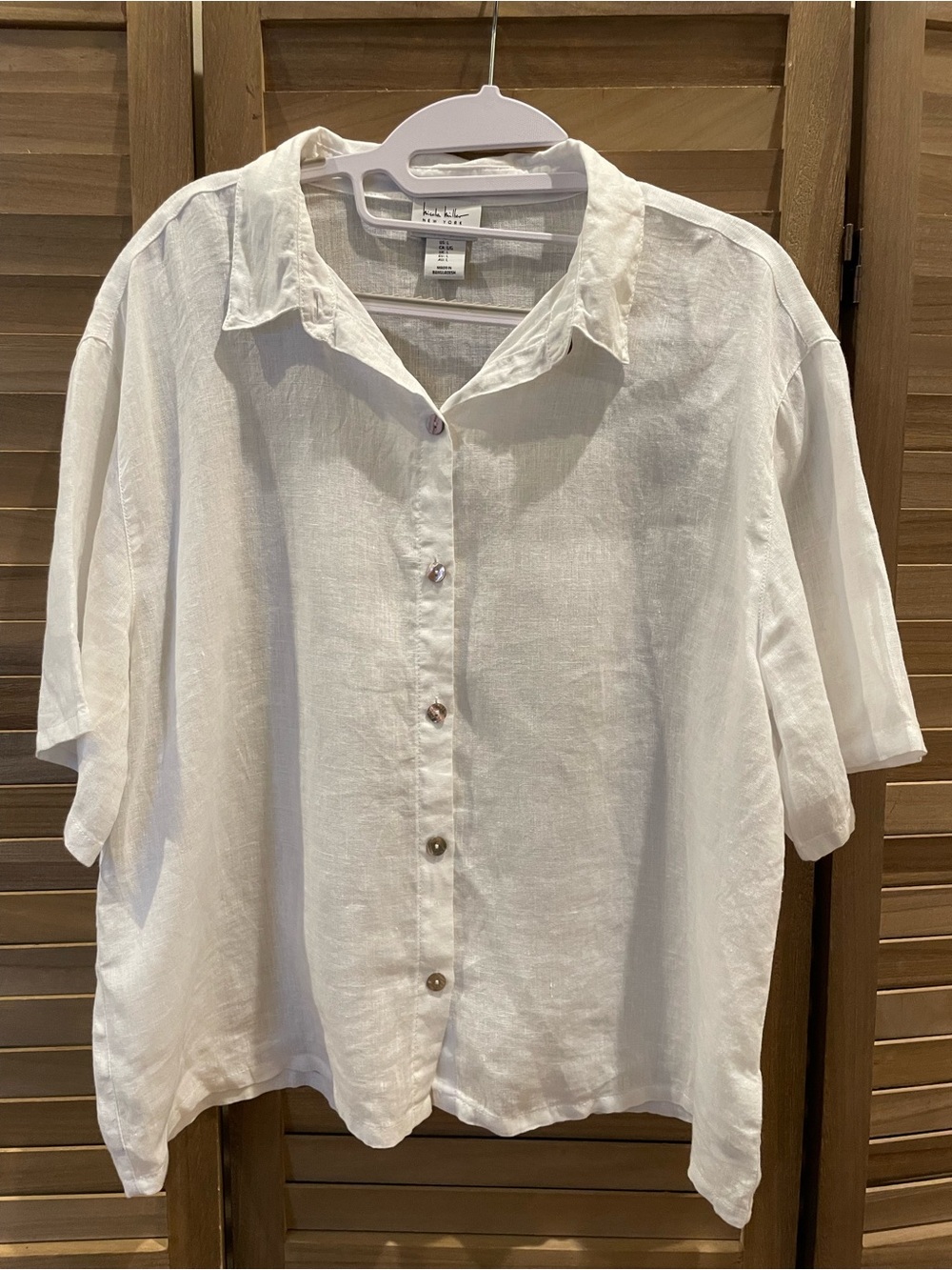Nicole Miller White Linen Button-Down Shirt Top Short Sleeves size L